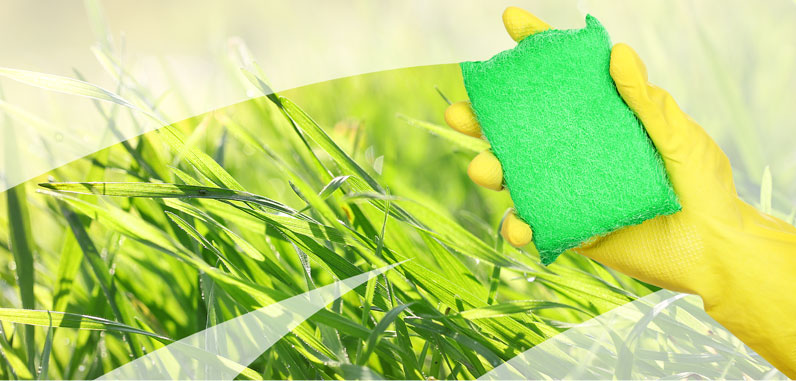 Wiping glass with green mop and yelllow gloves