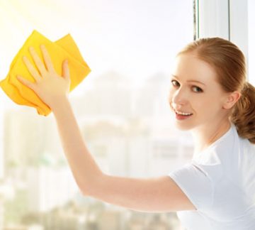 Smiling Young female cleaner wiping glass