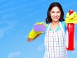 Smiling Female cleaner with cleaning spung and spray