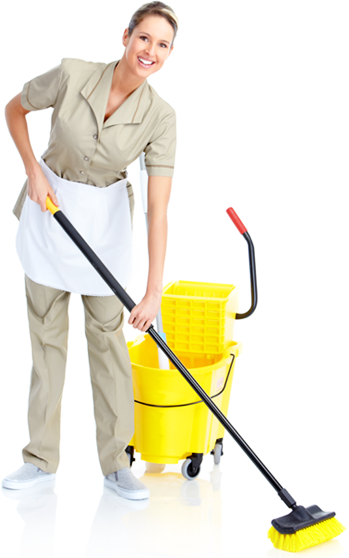 Female cleaner performing Cleaning using a mop and other equipments